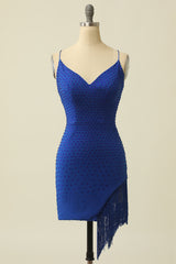 Party Dress Size 28, Royal Blue Spaghetti Straps Homecoming Dress With Fringes