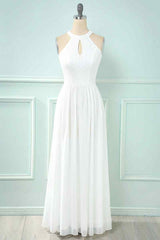 Bridesmaid Dress Fall, A-line Halter Lace Cut-Out Chiffon Long Bridesmaid Dress