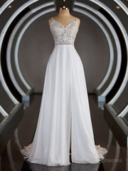 Wedding Dresse Boho, A-Line/Princess V-neck Court Train Chiffon Wedding Dresses with Leg Slit