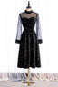 Evening Dress Fitted, Black A-line Illusion Neck Long Sleeves Print Midi Formal Dress