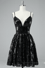 Night Club Outfit, Black A-line V Neck Lace-Up Back Sequins-Embroidered Mini Dress