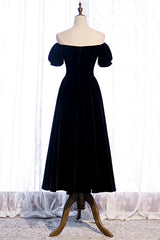 Evening Dress Formal, Black Off-the-Shoulder Puff Sleeves Sweetheart Velvet Midi Formal Dress