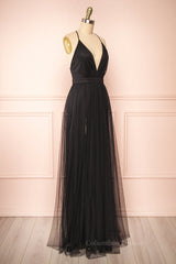 Bridesmaid Dress Dark, Black Plunging V Neck Crossed Back A-line Tulle Long Prom Dress