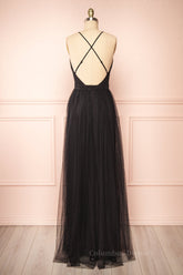 Bridesmaids Dresses Neutral, Black Plunging V Neck Crossed Back A-line Tulle Long Prom Dress