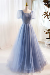 Party Dress For Teen, Blue Beaded Puff Sleeves A-line Tulle Long Prom Dress