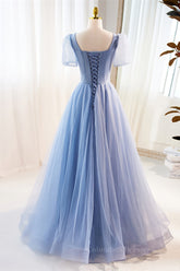 Party Dress For Teens, Blue Beaded Puff Sleeves A-line Tulle Long Prom Dress