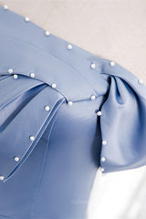 Evening Dresses 90045, Blue Folded Strapless Satin Lace-Up Pearl Beaded Maxi Formal Dress with Pocket