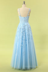 Prom Dress Black, Blue Lace Appliques A-line Long Formal Dress