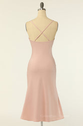 Prom Dresses Glitter, Blush Pinl Cowl Neck Midi Dress with Straps