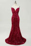 Bridesmaids Dress Styles, Burgundy Mermaid V Neckline Sequins Long Prom Dress