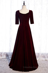 Homecomming Dresses Cute, Burgundy Sweetheart Sleeves Pleated Velvet Lace-Up Maxi Formal Dress