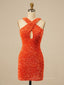 Prom Dress Ballgown, Cross Front Orange Sequin Tight Mini Dress