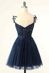 Party Dress New, Dark Navy A-line Flower Straps Appliques Tulle Homecoming Dress