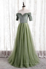 Formal Dress To Attend Wedding, Dusty Sage Beaded Illusion Neck Off-the-Shoulder Long Formal Dress with Sleeves