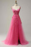 Dream, Fuchsia Dark Navy A-line Spaghetti Straps Tulle Lace Boning Long Prom Dress