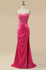 Bridesmaid Dresses Chiffon, Fuchsia Strapless Appliques Mermaid Long Prom Dress with Slit