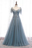 Prom Dress Shopping, Grey A-line Beaded Appliques Bow Tie Sheer Straps Maxi Formal Dress