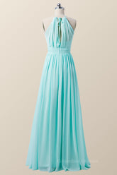 Bridesmaids Dress Websites, Halter Blue Chiffon Long Bridesmaid Dress