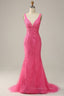 Bridesmaid Dresses Uk, Hot Pink Appliques Plunging V Neck Mermaid Long Prom Dress