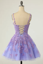 Prom Dresses Curvy, Lavender Lace Appliques Princess A-line Short Prom Dress
