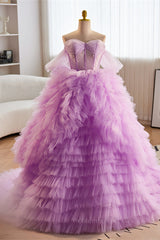 Party Dress Design, Lavender Off-Shoulder A-line Multi-Layers Long Prom Dress