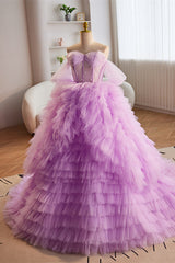 Party Dress Designs, Lavender Off-Shoulder A-line Multi-Layers Long Prom Dress