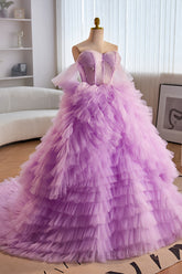 Party Dress Teens, Lavender Off-Shoulder A-line Multi-Layers Long Prom Dress