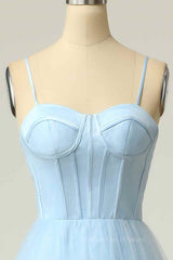 Bridesmaid Dresses 2053, Light Blue A-line Boning Adjustable Spaghetti Straps Tulle Long Prom Dress