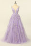 Bridesmaid Dresses On Sale, Lilac A-line V Neck Tulle Applique Lace-Up Back Long Prom Dress