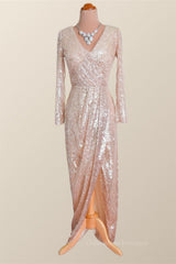 Party Dresses Winter, Long Sleeves Champagne Sequin Wrap Midi Dress
