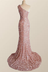 Prom Outfit, One Shoulder Rose Gold Sequin Mermaid Long Party Dress