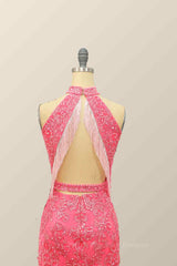 Semi Formal, Pink Sheath Halter Sequin-Embroidered Cut-Out Mini Homecoming Dress