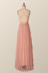 Formal Dresses Long Elegant, Plunge Pink Tulle A-line Long Formal Dresss