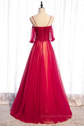 Evening Dresses Cocktail, Red Off-the-Shoulder Beaded Straps Lace-Up Maxi Formal Dress
