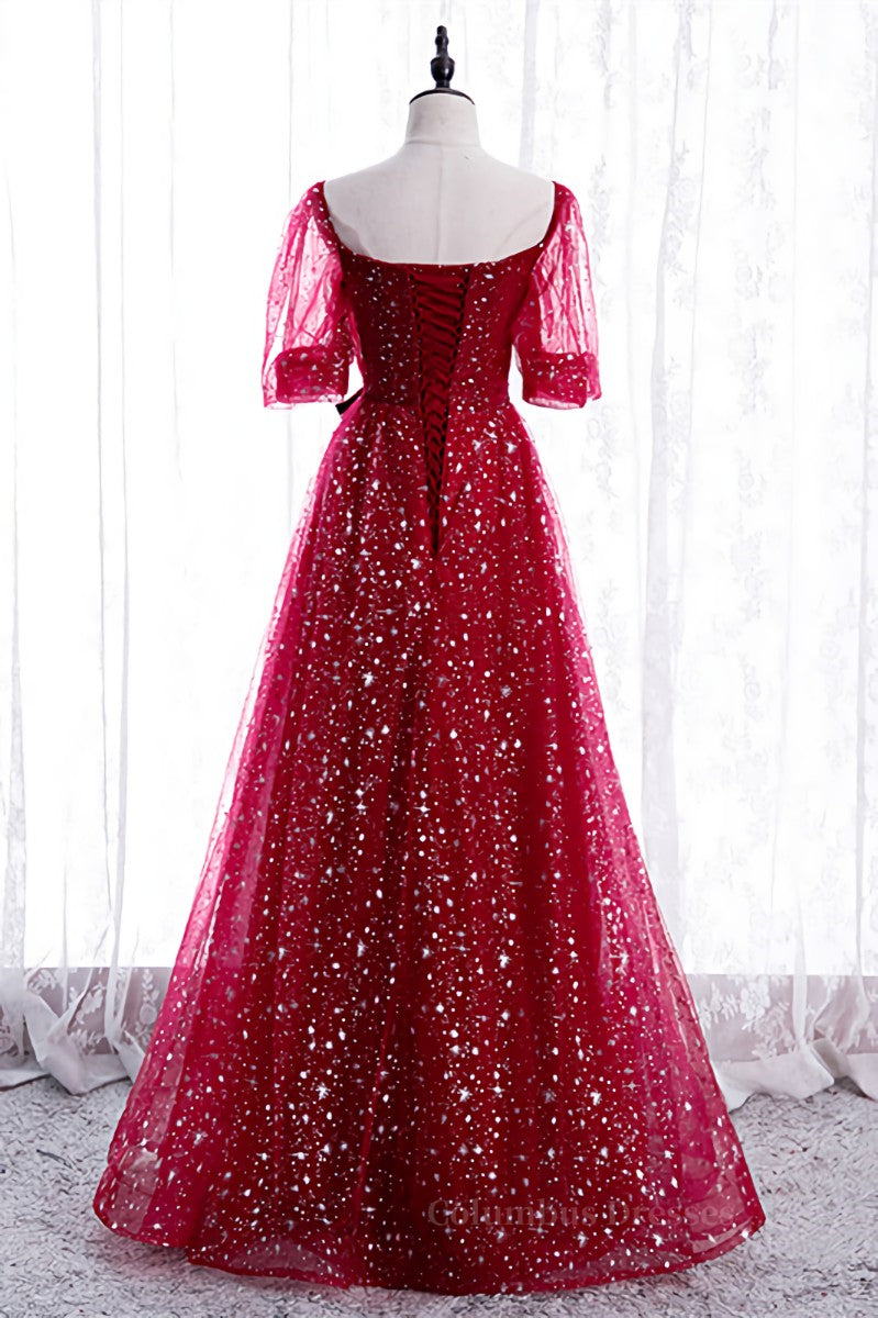Prom Dress Ideas, Red Sweetheart Illusion Sleeves Sparkly Prints Maxi Formal Dress with Sash