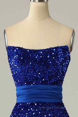 Bridesmaid Dresses For Beach Wedding, Royal Blue Mermaid Strapless Sequins Slit Long Prom Dress