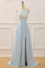 Bridesmaid Dress Fall Colors, Sky Blue A-line Bateau Tulle 3D Applique Long Prom Dress