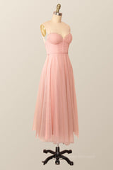 Evening Dress Long, Spaghetti Straps Blush Pink Tulle A-line Midi Dress