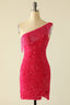 Prom Dress Shops, Tassels One Shoulder Hot Pink Sequin Mini Dress