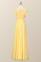 Prom Dresses Boho, Yellow Chiffon A-line Pleated Long Bridesmaid Dress