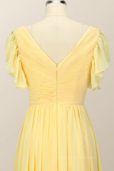 Prom Dresses For Black, Yellow Chiffon A-line Pleated Long Bridesmaid Dress