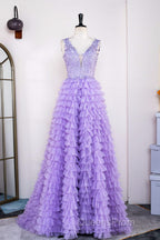 Lavender Plunging V Neck Appliques Layers Long Evening Prom Dress with Slit