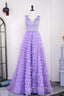 Lavender Plunging V Neck Appliques Layers Long Evening Prom Dress with Slit