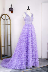 Lavender Plunging V Neck Appliques Layers Long Evening Prom Dress with Slit