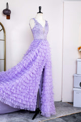 Lavender Plunging V Neck Appliques Layers Long Evening Prom Dress with Slit