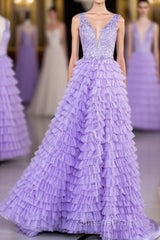 Lavender Plunging V Neck Appliques Layers Long Evening Prom Dress with Slit