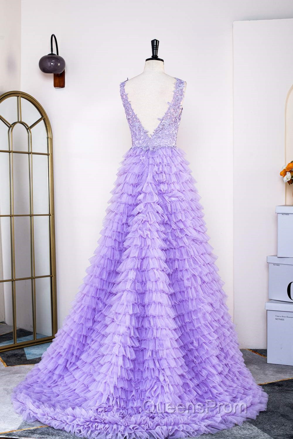 Lavender Plunging V Neck Appliques Layers Long Evening Prom Dress with Slit