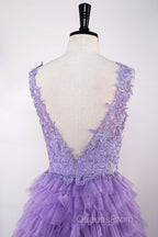 Lavender Plunging V Neck Appliques Layers Long Evening Prom Dress with Slit