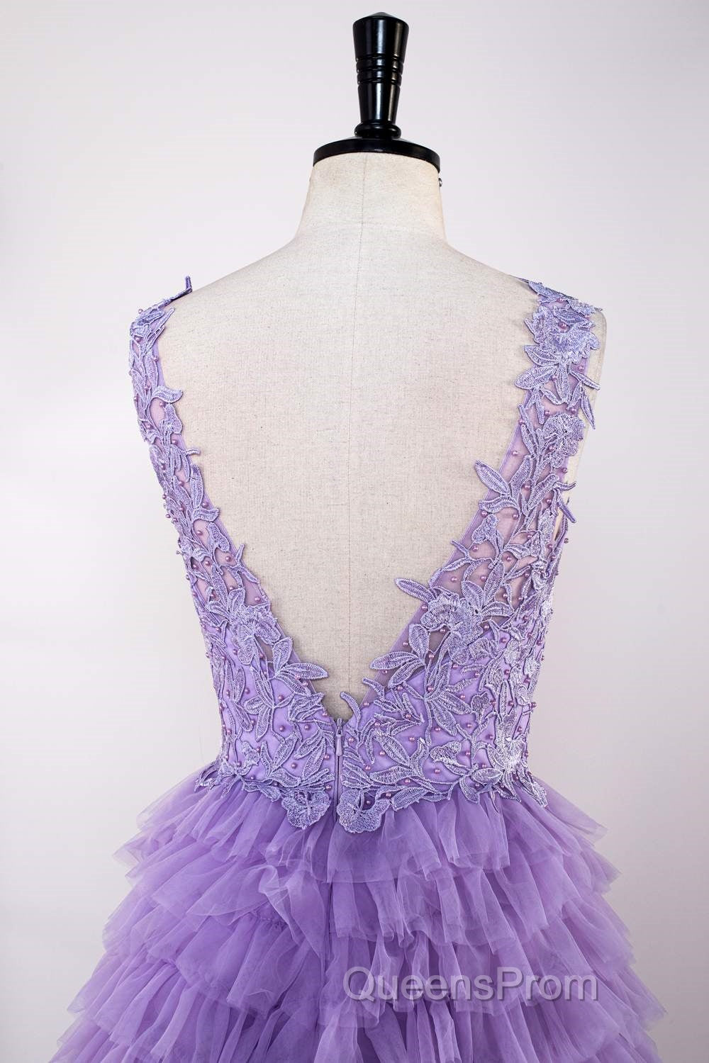 Lavender Plunging V Neck Appliques Layers Long Evening Prom Dress with Slit
