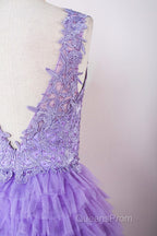 Lavender Plunging V Neck Appliques Layers Long Evening Prom Dress with Slit